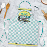 Diner Sign Retro 50s Mid-Century Modern Teal Check Apron<br><div class="desc">Create your own personalized, 1950's style diner sign apron using this simple template. This cool retro kitchen art has a slightly distressed mint / light teal -and-white checkered background with a sign on top that says "DINER" and "OPEN" in neon with space for you to add your own first or...</div>