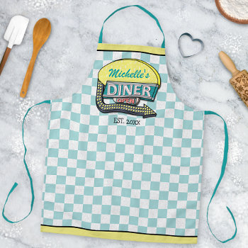 Diner Sign Retro 50s Mid-century Modern Teal Check Apron by FancyCelebration at Zazzle