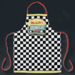 Diner Sign Retro 50s Midcentury Modern Black Check Apron<br><div class="desc">Create your own personalized, 1950's style diner sign apron using this simple template. This cool retro kitchen art has a slightly distressed black-and-white checkered background with a sign on top that says "DINER" and "OPEN" in neon with space for you to add your own first or last name. The sign...</div>