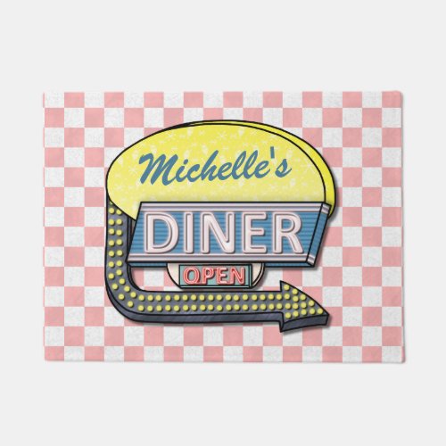 Diner Sign Retro 50s Pink Checkered  Custom Name Doormat