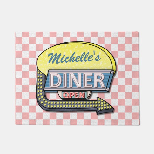 Diner Sign Retro 50s Pink Checkered | Custom Name Doormat (Front)