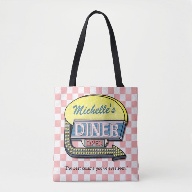 Diner Sign Retro 50s Pink Checkered | Custom Name Tote Bag (Front)