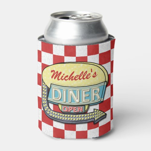 Diner Sign Retro 50s Red Checkered  Custom Name Can Cooler