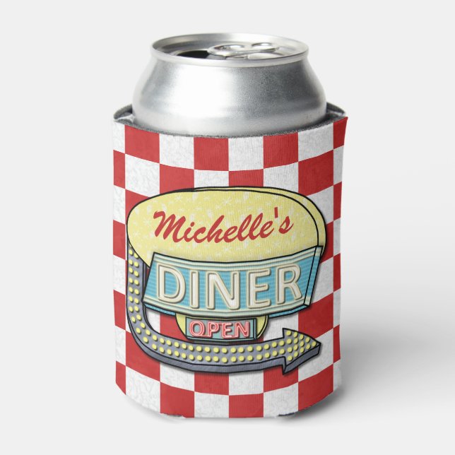 Diner Sign Retro 50s Red Checkered | Custom Name Can Cooler (Can Front)