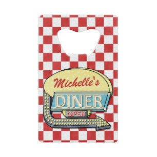 Diner Sign Retro 50s Red Checkered   Custom Name Credit Card Bottle Opener