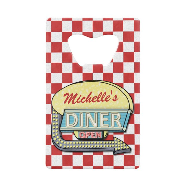 Diner Sign Retro 50s Red Checkered | Custom Name Credit Card Bottle Opener (Front)