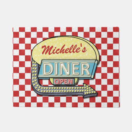 Diner Sign Retro 50s Red Checkered  Custom Name Doormat