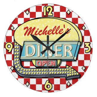 Red Checkered Retro Diner Sign/ Large Clock with Custom Name 