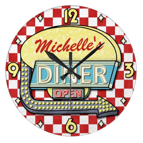 Diner Sign Retro 50s Red Checkered | Custom Name Large Clock
