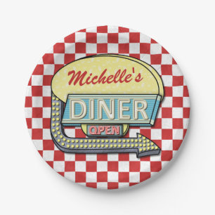 Diner Sign Retro 50s Red Checkered   Custom Name Paper Plates