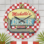 Diner Sign Retro 50s Red Checkered | Custom Name Round Clock<br><div class="desc">This cool, retro 50s diner sign clock can be easily personalized with your own name. The background is a slightly-distressed red-and-white checker pattern, and the 1950s-style sign on top says DINER and OPEN in faux neon. The design has an arrow graphic and room for your first or last name at...</div>
