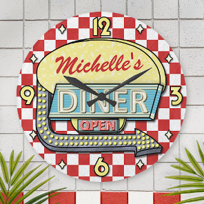 Diner Sign Retro 50s Red Checkered | Custom Name Round Clock