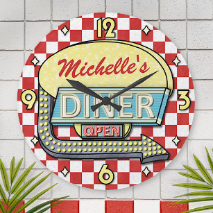 Diner Sign Retro 50s Red Checkered   Custom Name Round Clock