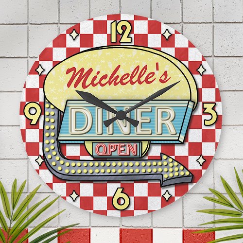 Diner Sign Retro 50s Red Checkered  Custom Name Round Clock