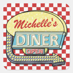 Diner Sign Retro 50s Red Checkered   Custom Name Square Sticker