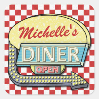 Diner Sign Retro 50s Red Checkered | Custom Name Square Sticker