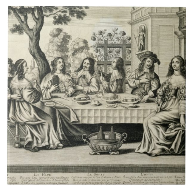 Diners on a terrace with a formal garden below, en tile (Front)