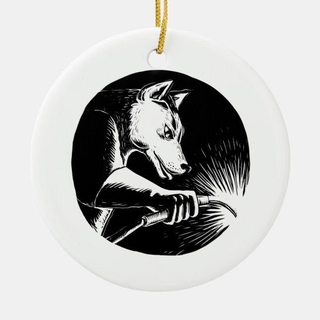 Dingo Dog Welder Scratchboard Ceramic Ornament (Front)