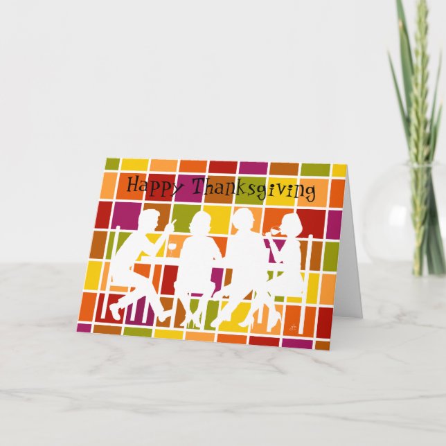 Dining Together, Colorful Grid, White Silhuoette Holiday Card (Front)