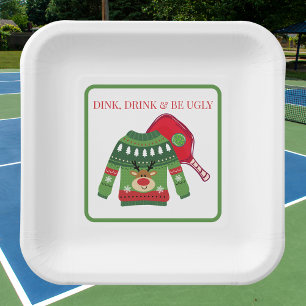 Dink Drink Be Ugly Pickleball Christmas Paper Plates