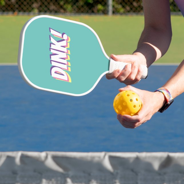 "DINK!" or Your Bold Message, Lt Teal Pickleball P Paddle (Insitu)