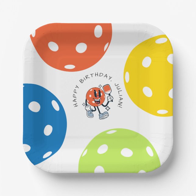 Dink Pickleball Party Sports Cartoon Mascot Paddle Paper Plates (Front)