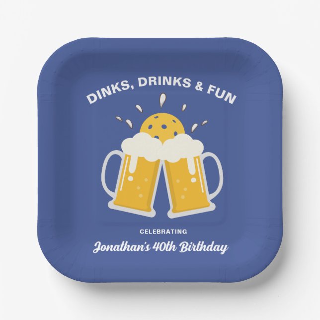 Dinks & Drinks Beer Mugs Cheering Pickleball Paper Plates (Front)