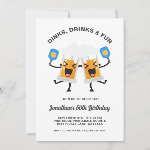 Dinks  Drinks Beer Mugs Pickleball Birthday Party Invitation