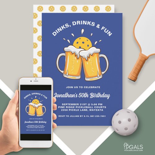 Dinks  Drinks Beer Mugs Pickleball Birthday Party Invitation