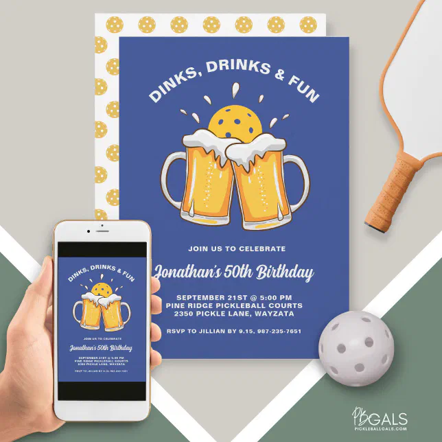 Dinks & Drinks Beer Mugs Pickleball Birthday Party Invitation Zazzle