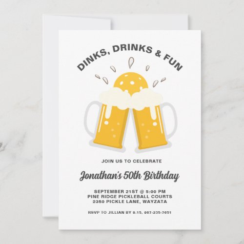 Dinks  Drinks Beer Mugs Pickleball Birthday Party Invitation