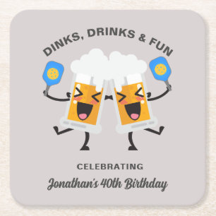 Dinks & Drinks Cartoon Beer Mugs Custom Pickleball Square Paper Coaster