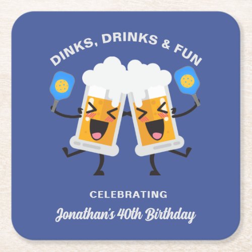 Dinks  Drinks Cartoon Beer Mugs Custom Pickleball Square Paper Coaster