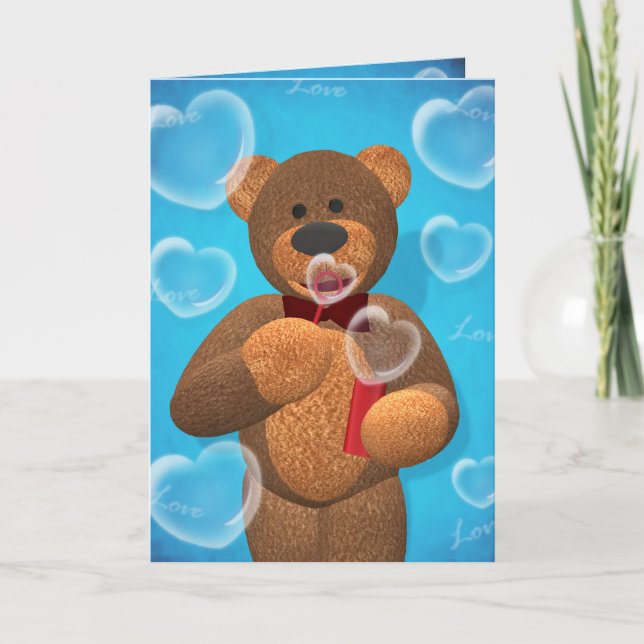 Dinky Bear blowing Heart Bubbles Holiday Card (Front)