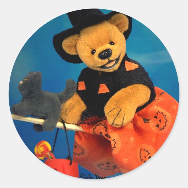 Dinky Bears Flying Witch Classic Round Sticker (Front)