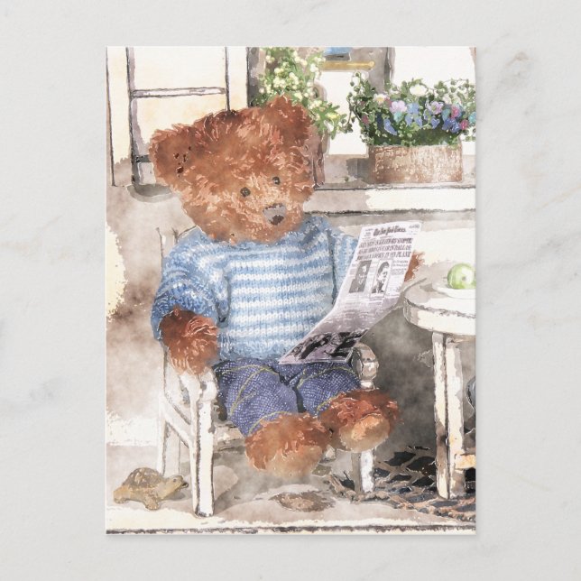Dinky Bears Watercolor - Reading Bear Postcard (Front)