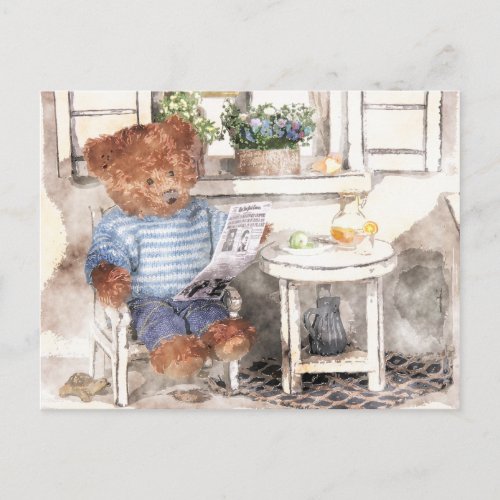 Dinky Bears Watercolor _ Reading Bear Postcard