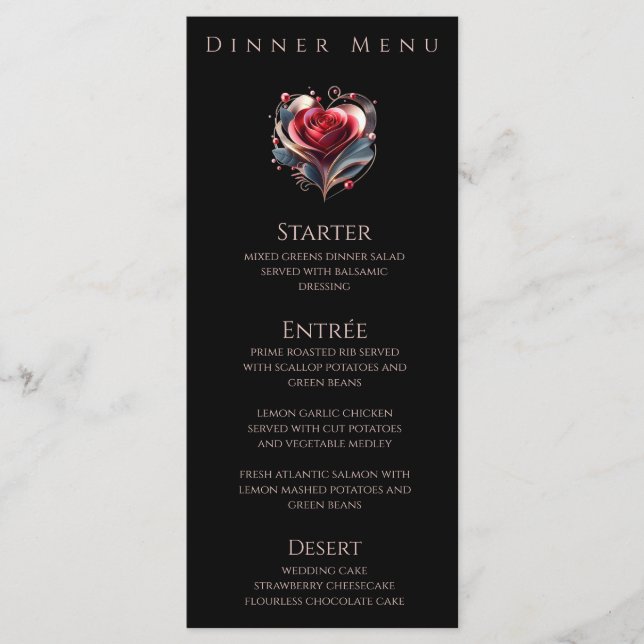 Dinner and Bar Menu-Modern Heart Shaped Rose  Menu (Front)