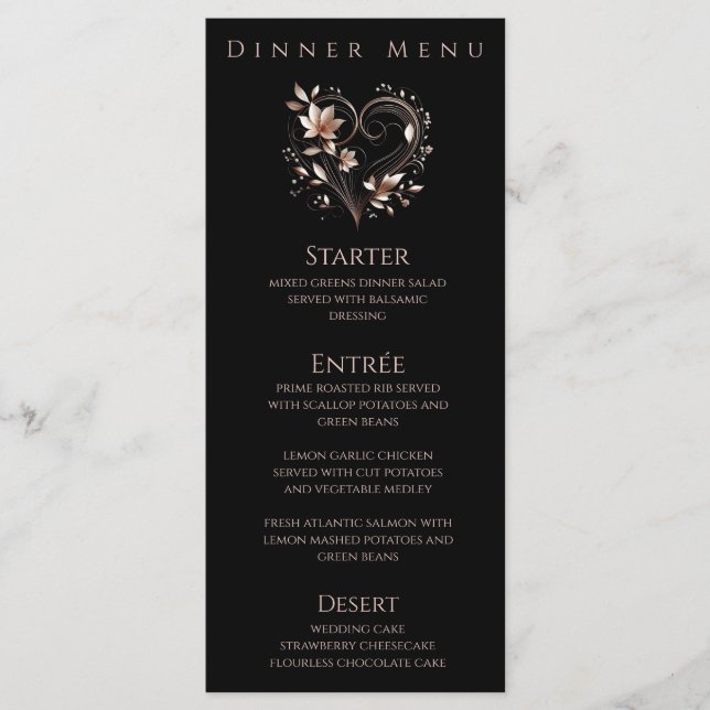 Dinner and Bar Menu-Rose Gold Flowers with a Heart Menu (Front)