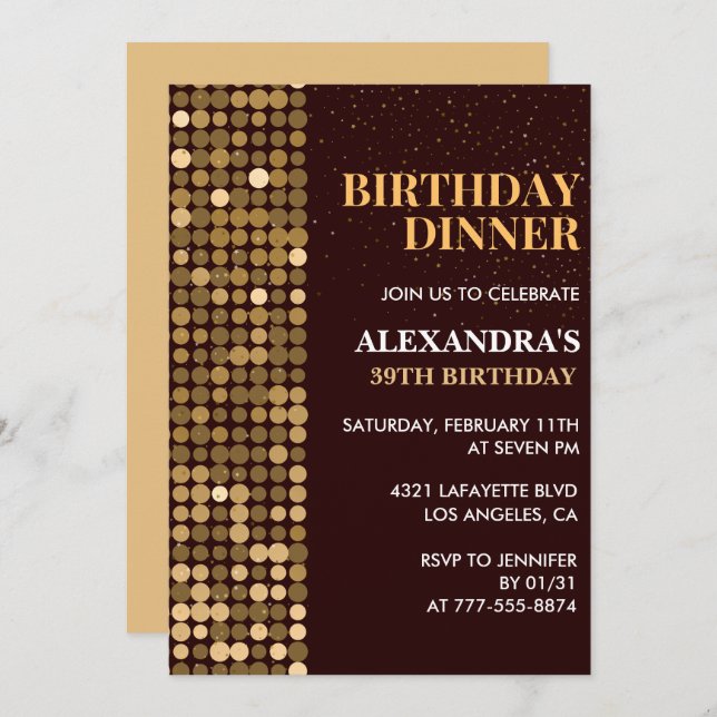 Dinner Glitter Glam Black Gold 39th birthday Invitation (Front/Back)