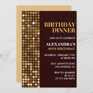Dinner Glitter Glam Black Gold 49th birthday Invitation