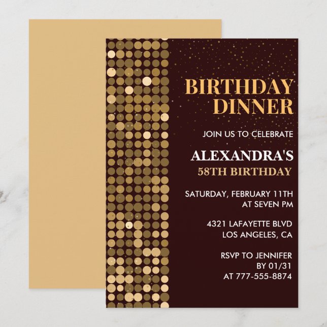 Dinner Glitter Glam Black Gold 58th birthday Invitation (Front/Back)