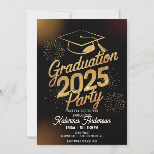 Dinner Graduation Gold Graduation Cap Fireworks Invitation