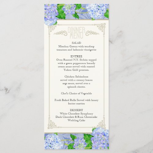 Dinner Menu Blue Hydrangea Lace Floral Formal