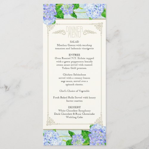 Dinner Menu Blue Hydrangea Lace Floral Formal