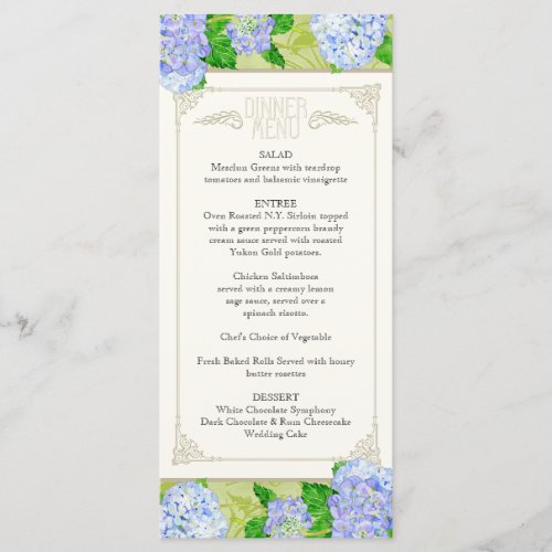 Dinner Menu Blue Hydrangea Lace Floral Formal