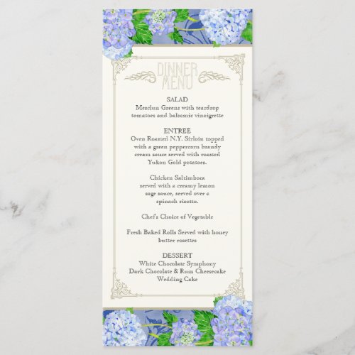 Dinner Menu Blue Hydrangea Lace Floral Formal