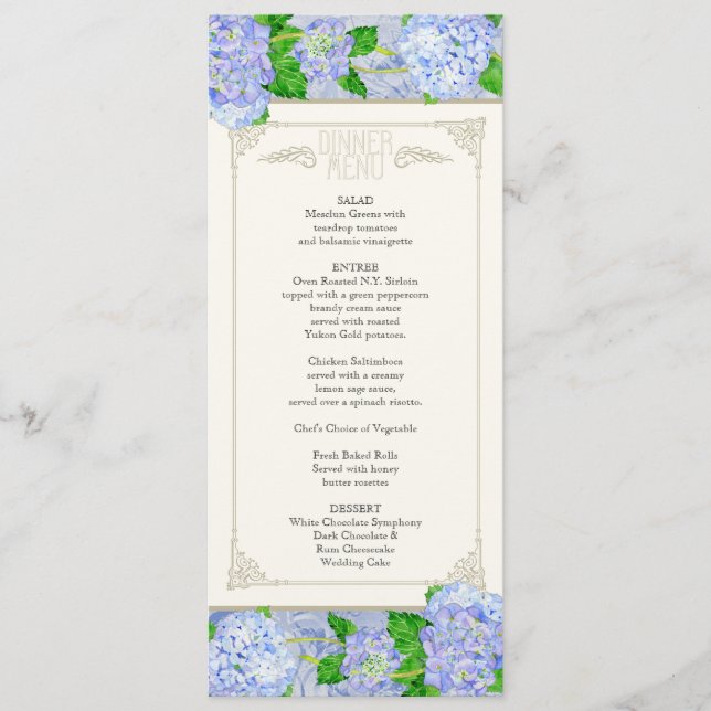 Dinner Menu - Blue Hydrangea Lace Floral Formal (Front)