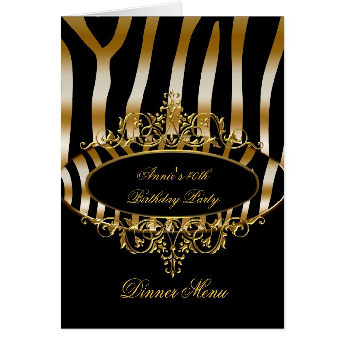 Dinner Menu Card Gold Zebra Black