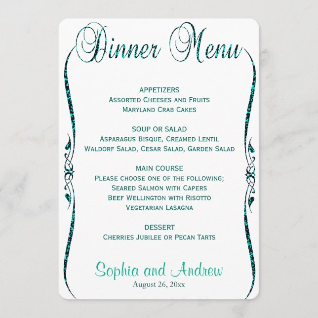 Dinner Menu | Elegant Teal Glitter (Front)